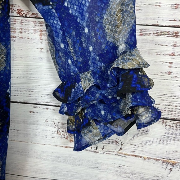 Calvin Klein Blue Snake Print V Neck Long Sleeve Blouse - Picture 6 of 12